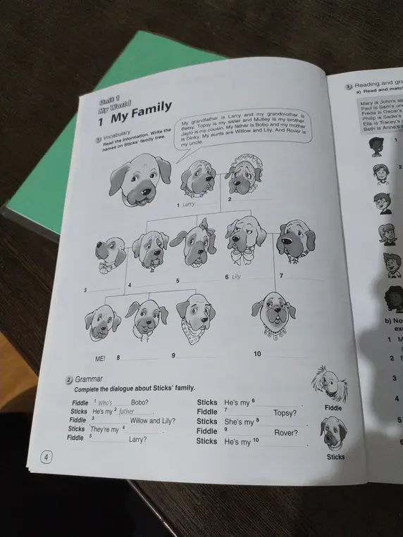 Заполни пропуски в диалоге о семье Sticks