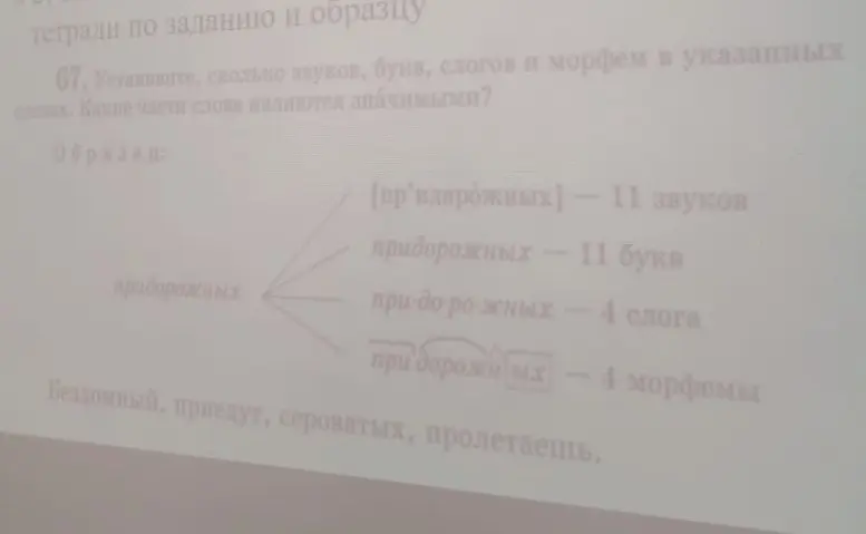 Определи количество звуков, букв, слогов и морфем в словах: Бездомный, приедут, сероватых, пролетаешь