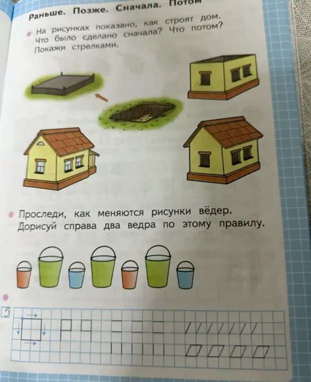 Объясни, что нужно сделать сначала, а что потом на рисунках про строительство дома