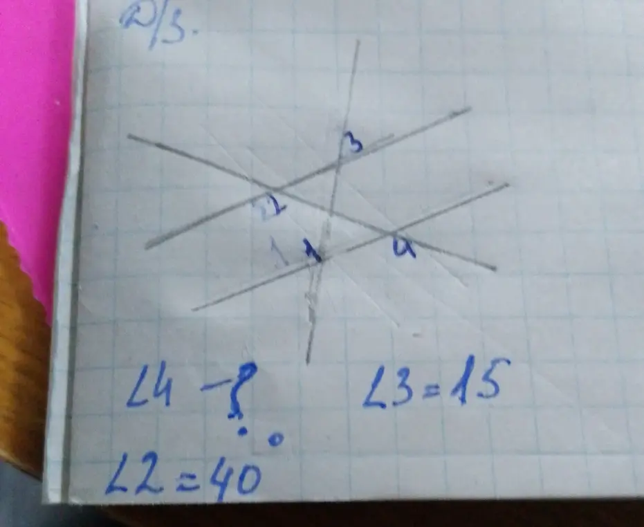 Помоги найти угол 4, если угол 2 равен 40°, а угол 3 равен 15.