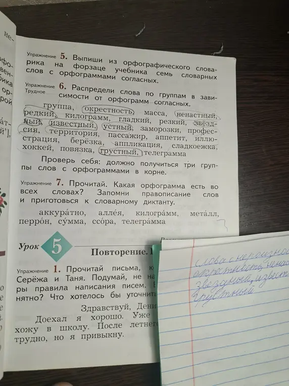 Распредели слова по группам в зависимости от орфограмм согласных в упражнении 6