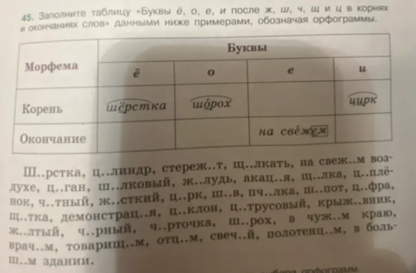 Заполни таблицу «Буквы ё, о, е, и после ж, ш, ч, щи ц в корнях и окончаниях слов» данными ниже примерами, обозначая орфограммы.