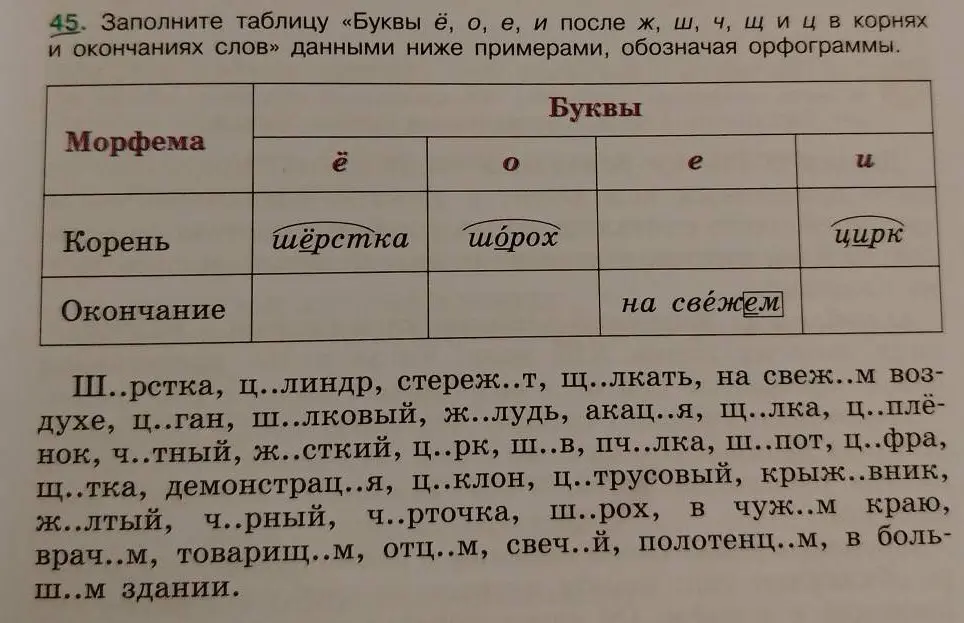 Можешь ли ты заполнить таблицу «Буквы ё, о, е, и после ж, ш, ч, щ и ц в корнях и окончаниях слов»?