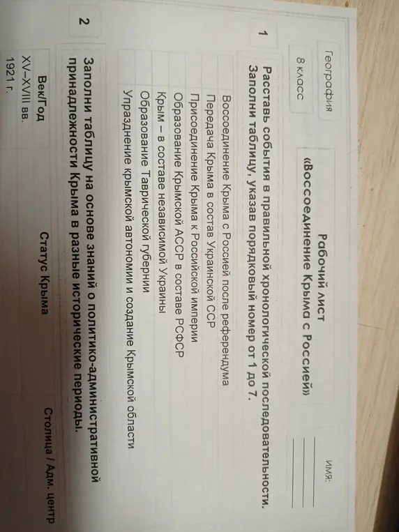 Ты просишь меня расставить события в правильной хронологической последовательности и заполнить таблицу на основе знаний о политико-административной принадлежности Крыма в разные исторические периоды.