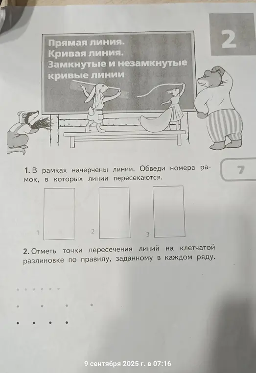 Выполни задание: в рамках начерчены линии, обведи номера рамок, в которых линии пересекаются.