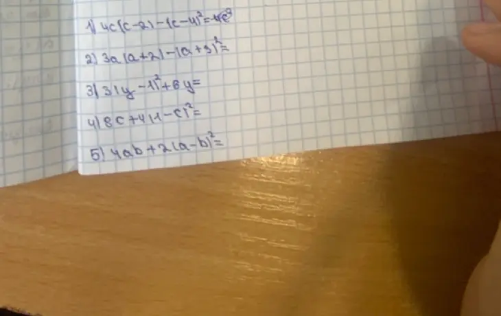 Можешь ли ты упростить выражения: 1) 4c[c-2]-[c-4]^2, 2) 3a(a+2)-(a+3)^2, 3) 31y-11+6y, 4) 8c+41-c^2, 5) 4ab+2(a-b)^2