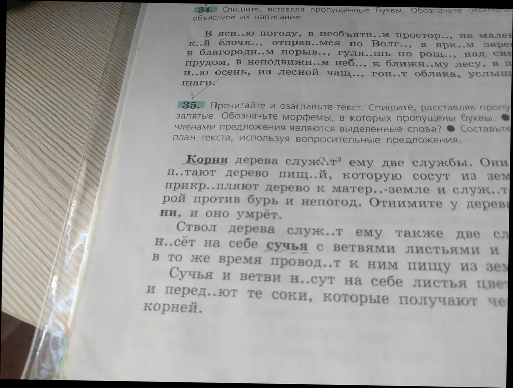 Выполни задание 35: озаглавь текст, спиши, расставляя пропущенные запятые, обозначь морфемы, в которых пропущены буквы, определи, какими членами предложения являются выделенные слова, составь план текста, используя вопросительные предложения.