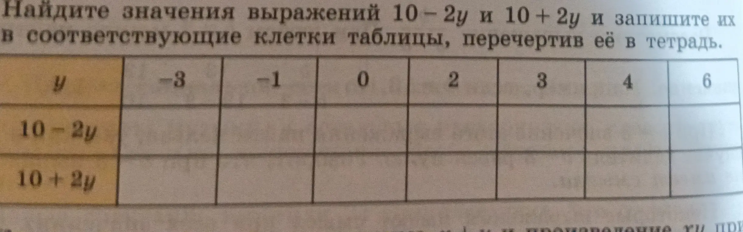 Найди значения выражений 10 - 2у и 10 + 2у и запиши их в соответствующие клетки таблицы