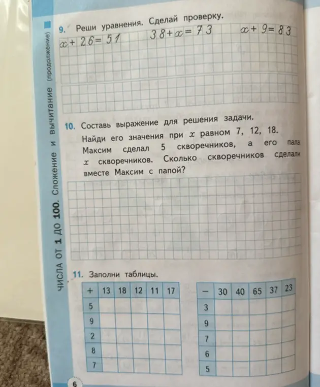 Реши уравнения x+26=51, 38+x=73, x+9=83 и составь выражение для решения задачи: Максим сделал 5 скворечников, а его папа x скворечников. Сколько скворечников сделали вместе Максим с папой?