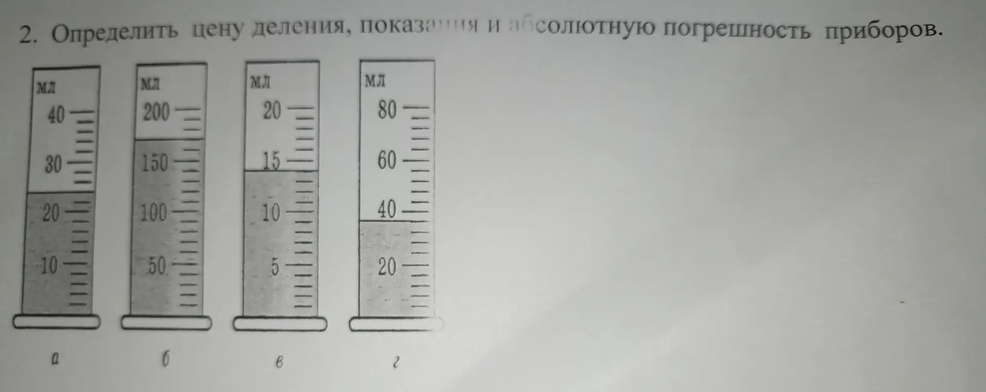Определи цену деления, показания и абсолютную погрешность приборов