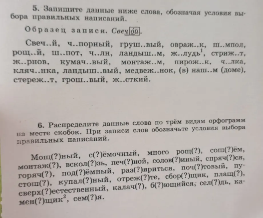 Выполни задание: запиши данные ниже слова, обозначая условия выбора правильных написаний и распредели данные слова по трём видам орфограмм на месте скобок. При записи слов обозначь условия выбора правильных написаний.