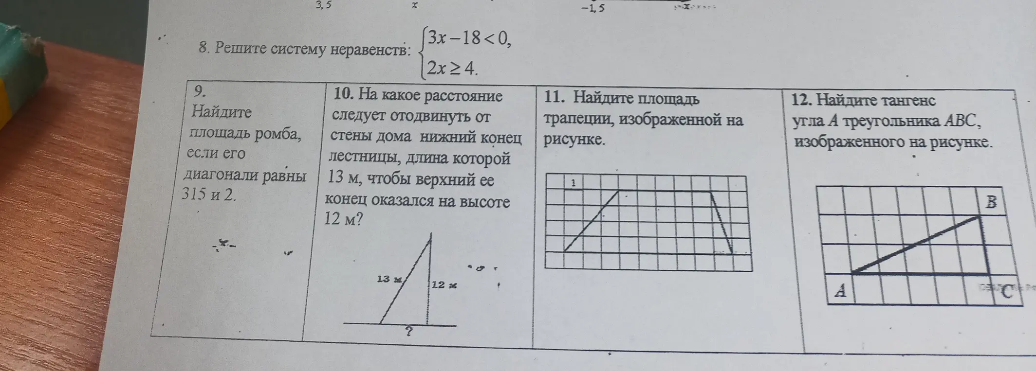 Реши систему неравенств, найди площадь ромба, расстояние от стены дома, площадь трапеции и тангенс угла А треугольника АВС.