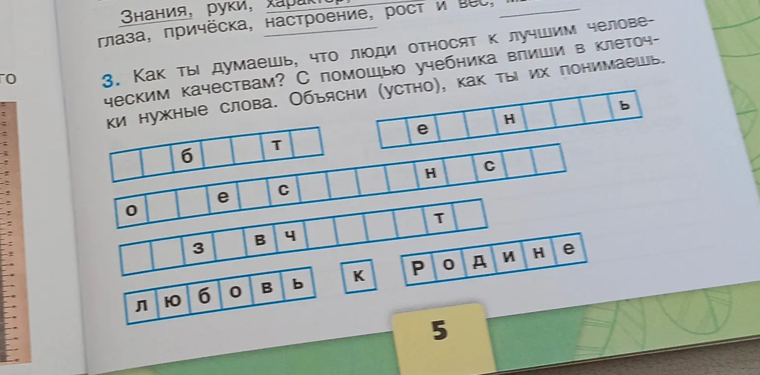 Как ты думаешь, что люди относят к лучшим человеческим качествам? С помощью учебника впиши в клеточки нужные слова.