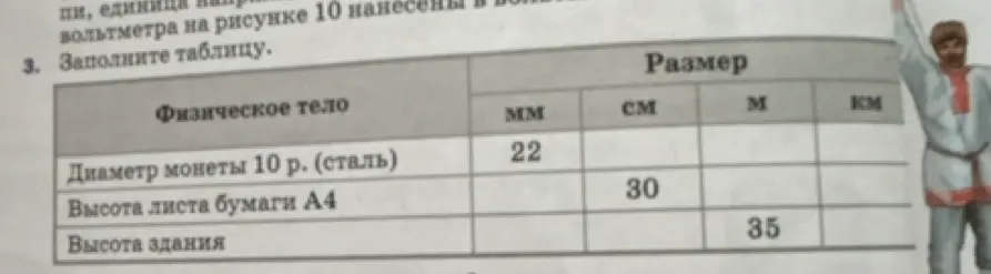 Заполни таблицу: переведи размеры физических тел из одной единицы измерения в другую