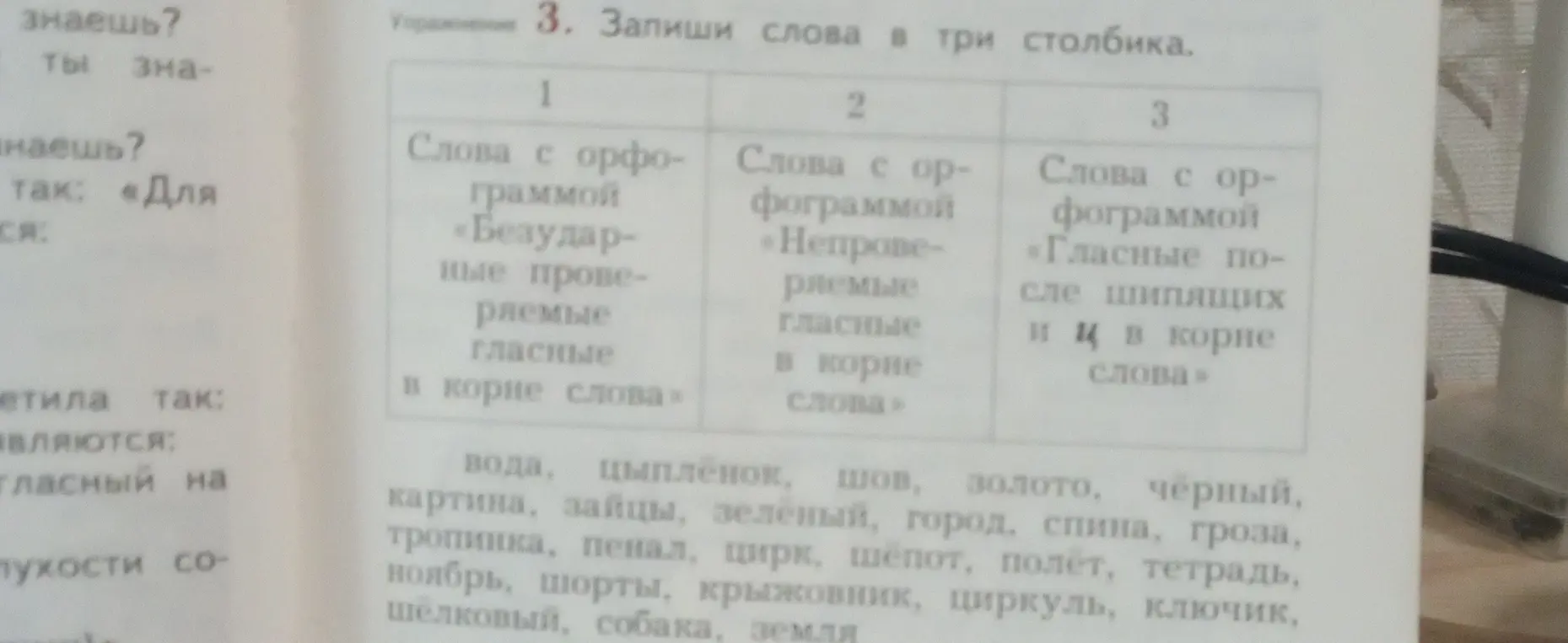 Запиши слова в три столбика: 1) слова с безударными проверяемыми гласными в корне, 2) слова с непроверяемыми гласными в корне, 3) слова с гласными после шипящих и ц в корне.