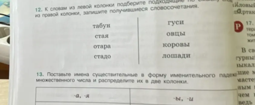Ты просишь подобрать словосочетания из двух колонок и поставить имена существительные во множественное число.