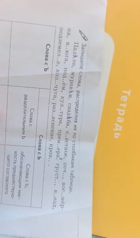 Распредели слова по столбикам таблицы: слова с Ъ, слова с Ь, слова с разделительным Ь, слова с Ь, обозначающим мягкость предшествующего согласного