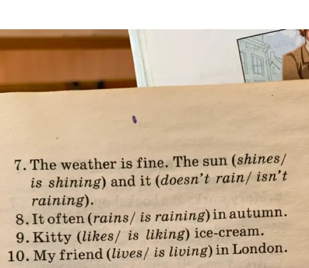 Выполни упражнение, в котором нужно выбрать правильную форму глагола: The weather is fine. The sun (shines/ is shining) and it (doesn't rain/ isn't raining).