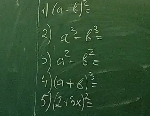 Ты просишь разложить на множители выражения: (a - b)², a³ - b³, a² - b², (a+b)³, (2+3x)²