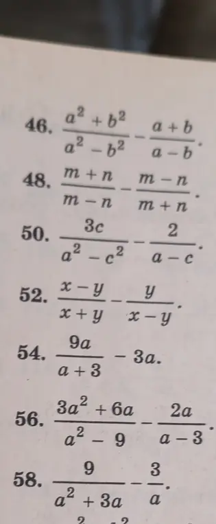 Ты просишь решить примеры на вычитание алгебраических дробей: a² + b² / a²-b² - a+b / a-b