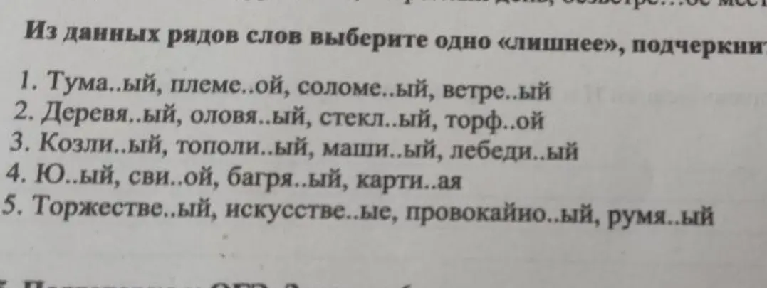 Выбери одно лишнее слово из данных рядов: Туманный, племенной, соломенный, ветреный