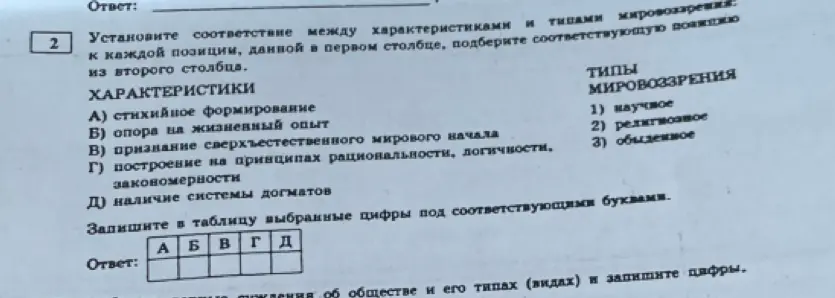 Ты просишь установить соответствие между характеристиками и типами мировоззрения.