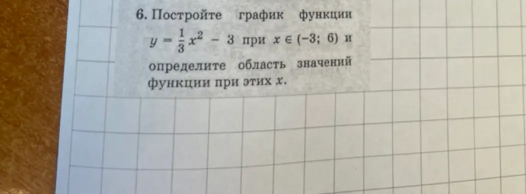 Можешь ли ты построить график функции y = 1/3x² - 3 при x ∈ (-3; 6) и определить область значений функции при этих х?