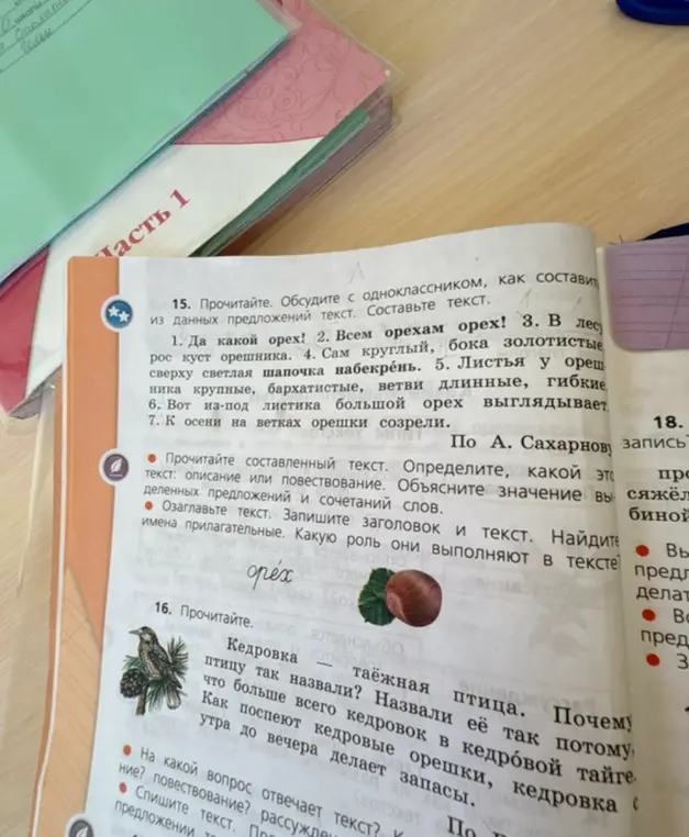 Составь текст из данных предложений, озаглавь текст, запиши заголовок и текст, найди имена прилагательные, определи, какую роль они выполняют в тексте и сделай синтаксический разбор предложения: К осени на ветках орешки созрели.