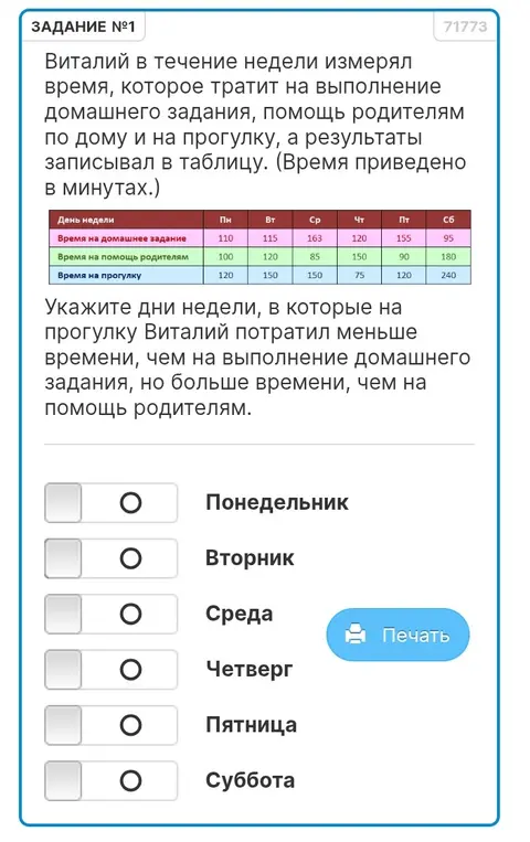 Определи дни недели, в которые на прогулку Виталий потратил меньше времени, чем на выполнение домашнего задания, но больше времени, чем на помощь родителям