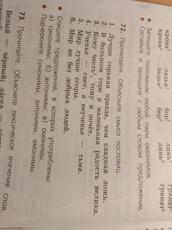 Объясни смысл пословиц в задании 72, спиши предложения, в которых употреблены синонимы, антонимы, омонимы и объясни лексическое значение слов в задании 73
