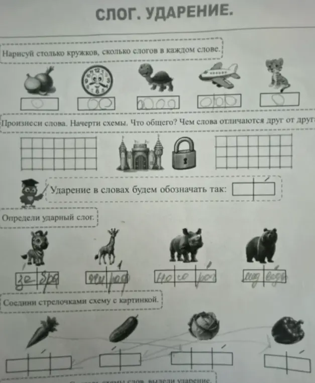 Помоги мне выполнить упражнения на определение количества слогов, ударения и составление схем слов.