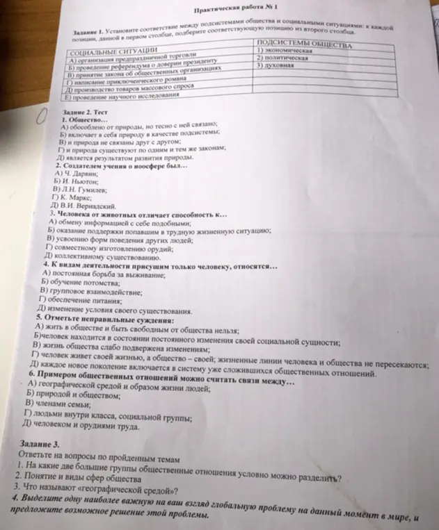 Помоги установить соответствие между подсистемами общества и социальными ситуациями, а также ответь на вопросы теста.
