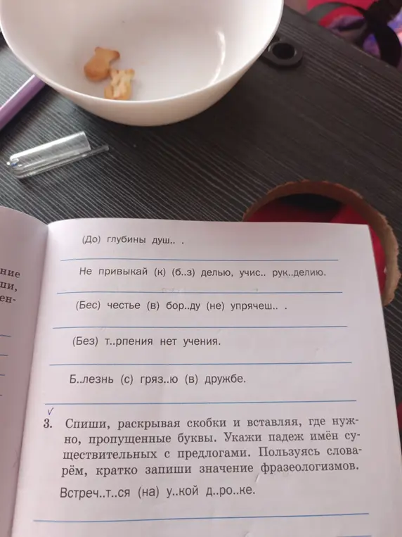 Ты просишь списать, раскрывая скобки, вставляя пропущенные буквы, указать падеж имён существительных с предлогами и кратко записать значение фразеологизма во фразе 'Встретятся (на) у..кой д..ро..ке.'