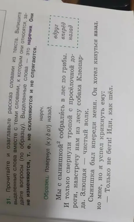 Ты просишь прочитать и озаглавить рассказ словами из текста, выписать выделенные слова вместе с теми словами, к которым они относятся, и задать вопросы к ним.