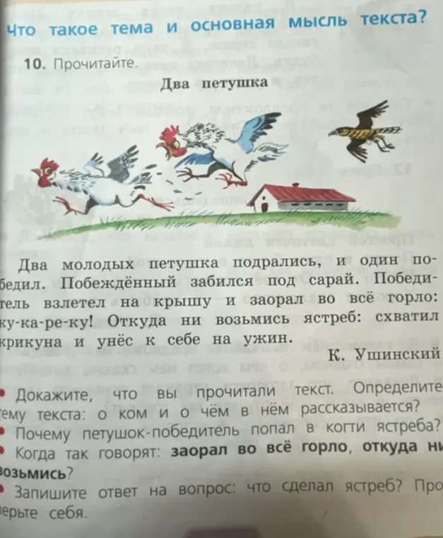 Объясни, как доказать, что я прочитал текст, определи тему текста: о ком и о чём в нём рассказывается, почему петушок-победитель попал в когти ястреба, что значит выражение «заорал во всё горло, откуда ни возьмись» и что сделал ястреб