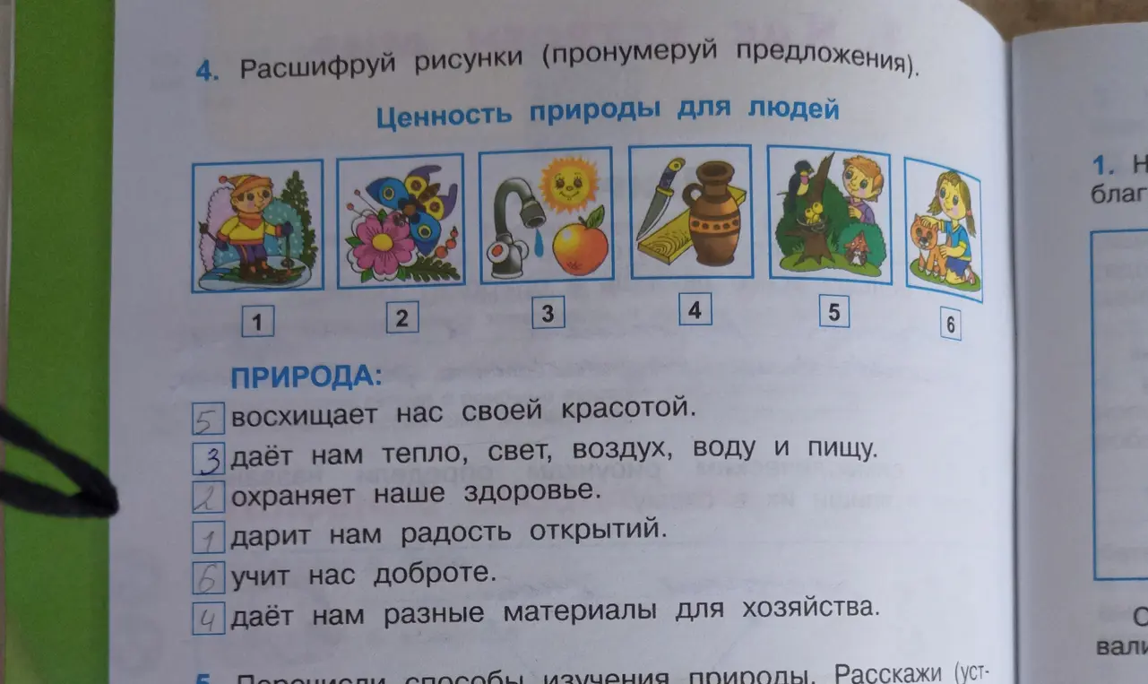 Помоги расшифровать рисунки и пронумеровать предложения о ценности природы для людей