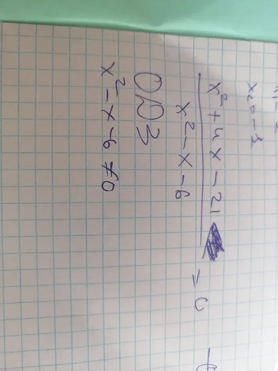 Ты просишь решить уравнение, в котором дробь (x²+4x-21)/(x²-x-6) = 0
