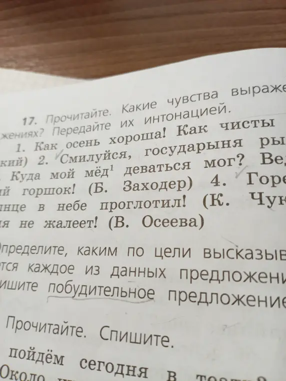Какие чувства выражены в предложениях: «Как осень хороша!», «Смилуйся, государыня рыбка!», «Куда мой мёд деваться мог?», «Горе солнце в небе проглотил!», «А я не жалеет!»?