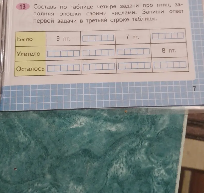Помоги составить четыре задачи про птиц по таблице, заполняя окошки своими числами.