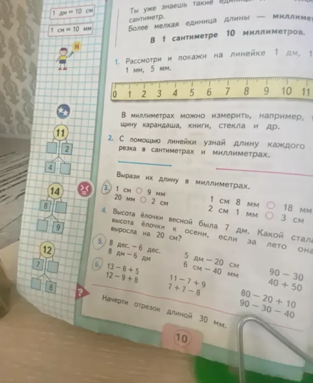 Ты просишь выразить длину в миллиметрах, решить задачу про высоту ёлочки и решить примеры.