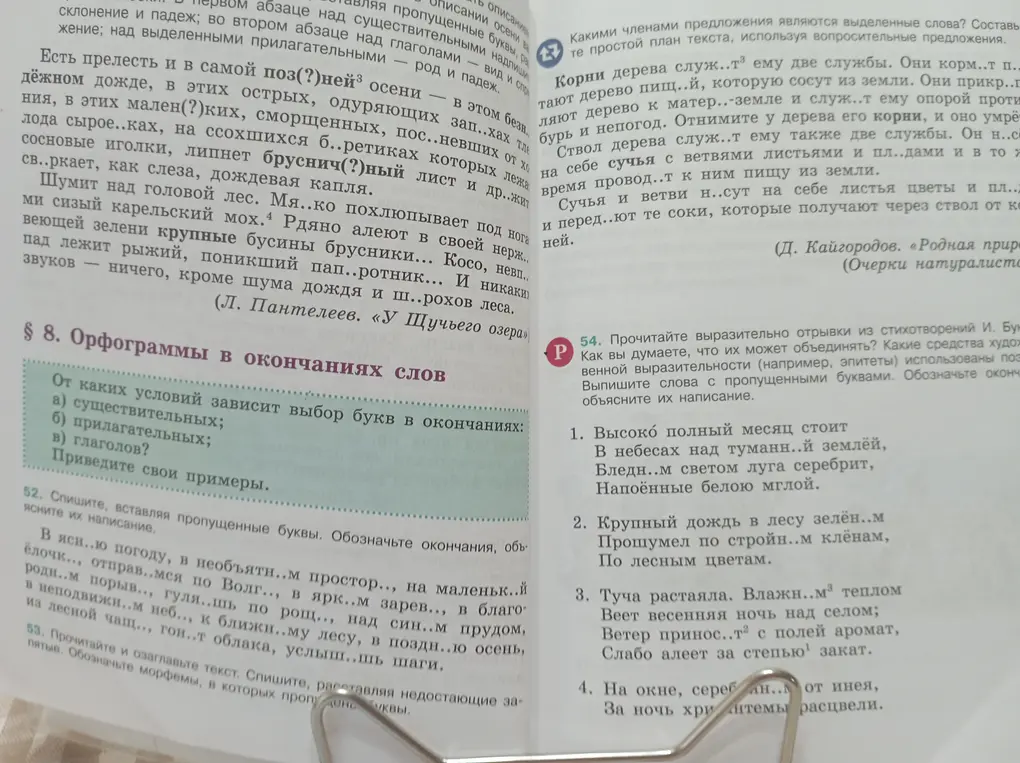 Спиши, вставляя пропущенные буквы в упражнении 52. Обозначьте окончания, объясните их написание. Выпишите слова с пропущенными буквами из упражнения 54. Обозначьте окончания, объясните их написание.