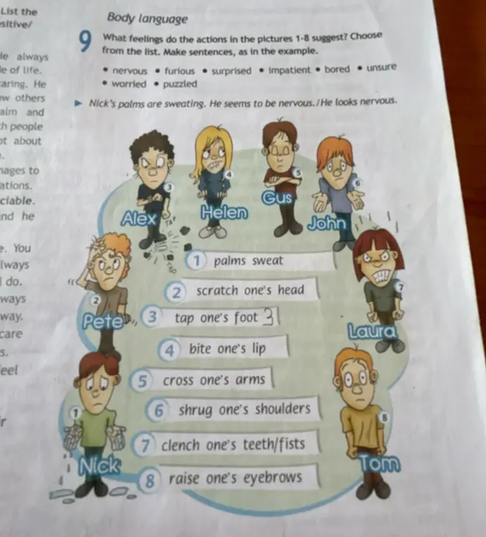 Какие чувства выражают действия на картинках 1-8? Выбери из списка и составь предложения, как в примере.