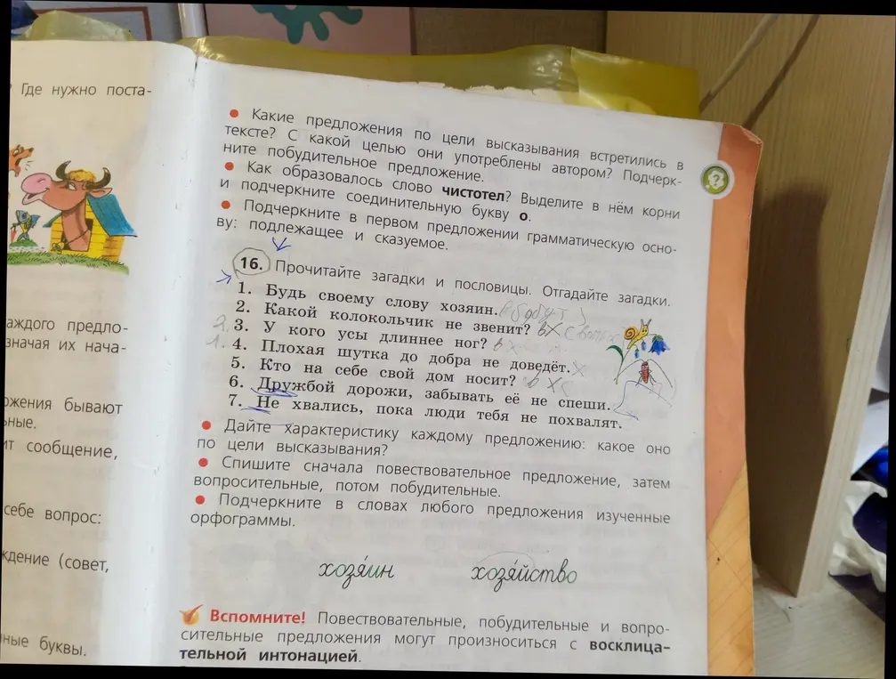 Ты просишь прочитать загадки и пословицы, отгадать загадки и дать характеристику каждому предложению по цели высказывания.