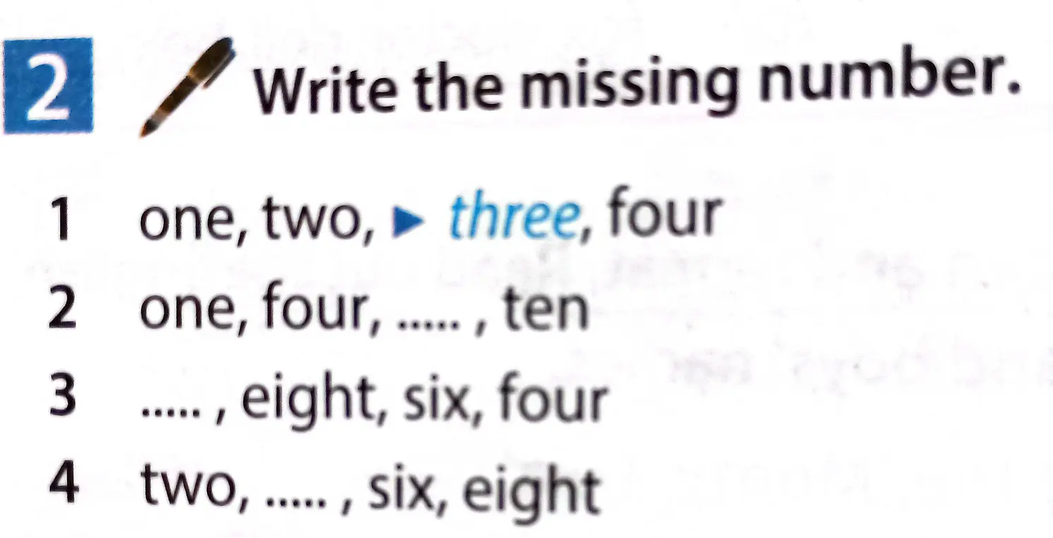 Заполни пропуски в числах в следующих примерах: one, two, three, four