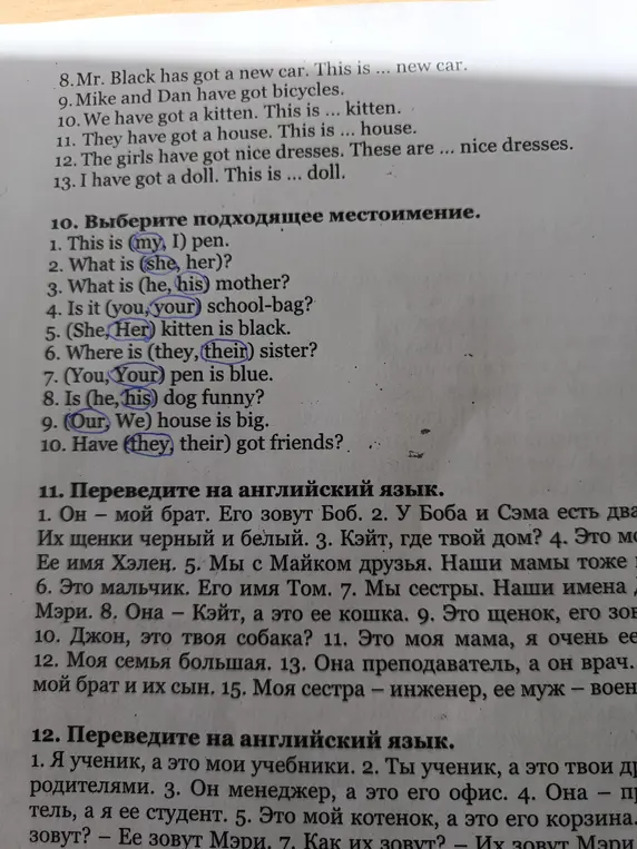 Помоги выбрать подходящее местоимение и переведи на английский язык предложения из упражнений 11 и 12