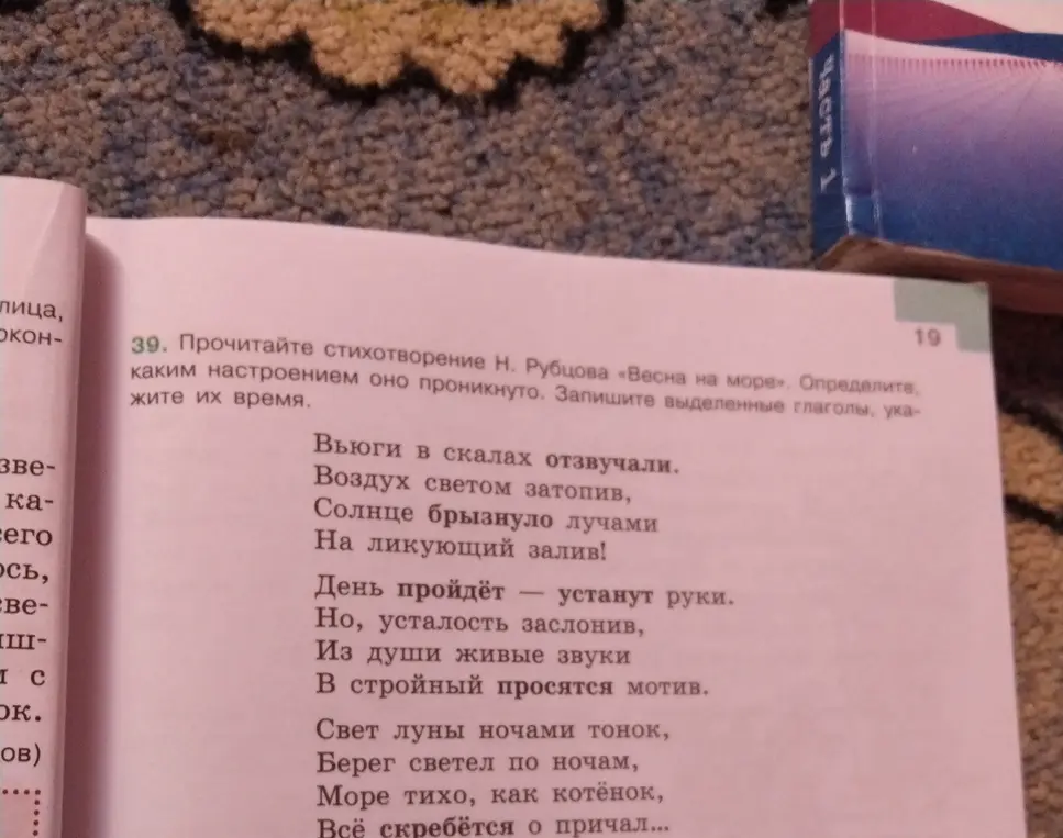 Прочитай стихотворение Н. Рубцова «Весна на море». Определи, каким настроением оно проникнуто. Запиши выделенные глаголы, укажите их время.