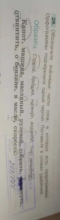 Обозначь значимые части слов, в которых есть орфограммы, подчеркни орфограммы одной чертой и поставь в словах ударения: 'собрать'