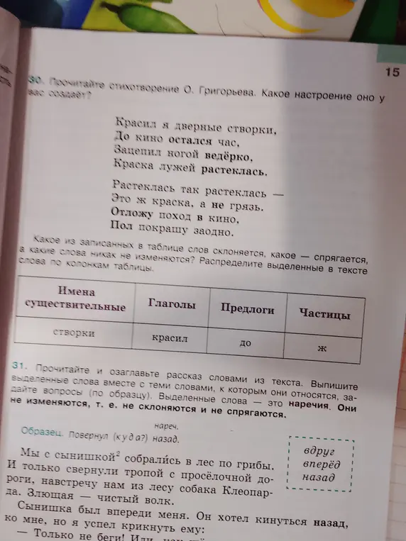 Какие из записанных в таблице слов склоняется, какое - спрягается, а какие слова никак не изменяются? Распредели выделенные в тексте слова по колонкам таблицы. Выпиши выделенные слова вместе с теми словами, к которым они относятся, задайте вопросы (по образцу)