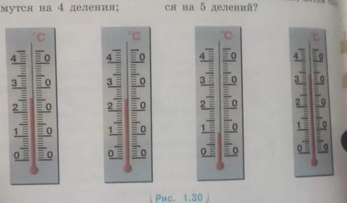 Определи температуру на каждом термометре