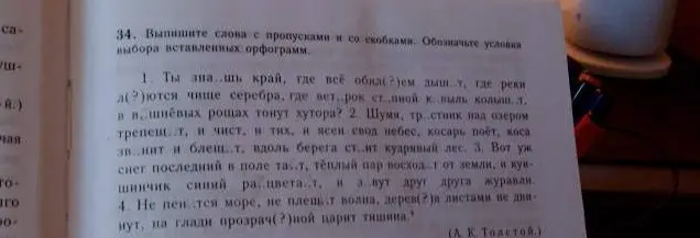 Выпиши слова с пропусками и со скобками. Обозначь условия выбора вставленных орфограмм в предложении "Ты зна..шь край, где всё обил(2)ем дыш т, где реки (2)ются чище серебра, где вет. рок ст. пной к пыль колыш. т. в в шнёвых рощах тонут хутора?"